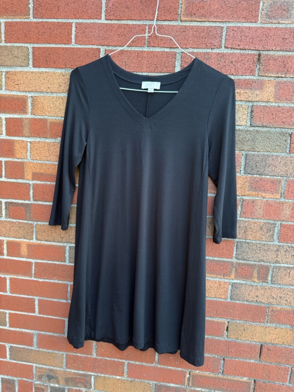 LOFT Petite Black Swing Dress SP V Neck 3/4 Sleeve Casual Minimalist Dress